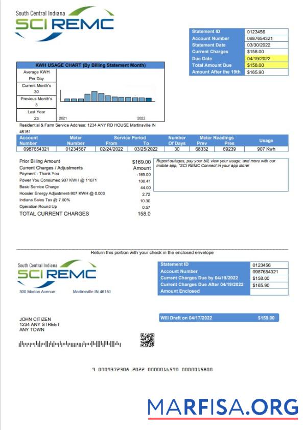 Blank USA Indiana SCI REMC utility bill template in Word and PDF format